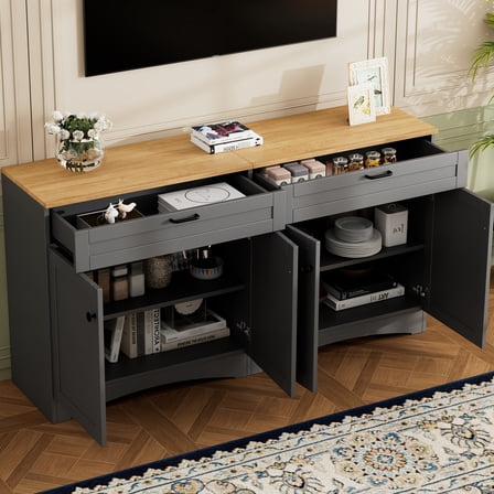 70" Tv Stand In Rustic Grey, With 2 Drawers And Adjustable Shelves For Home Entertainment Drawers, Grey Buffet Garage