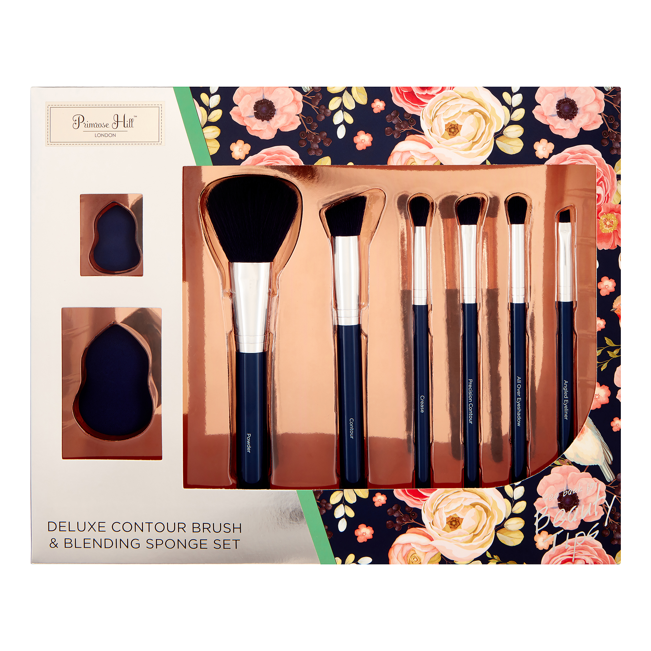 ($70 Value) Primrose Hill Cosmetic Contour Brush & Blending Sponge Set, Rose Floral - image 1 of 5