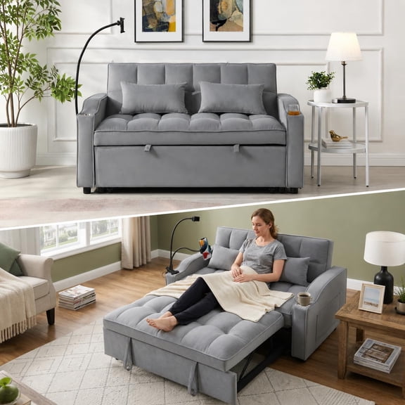 70" Velvet Sleeper Sofa Bed with USB Ports & Reclining Backrest, Pull-Out Couch for Small Spaces, Light Gray