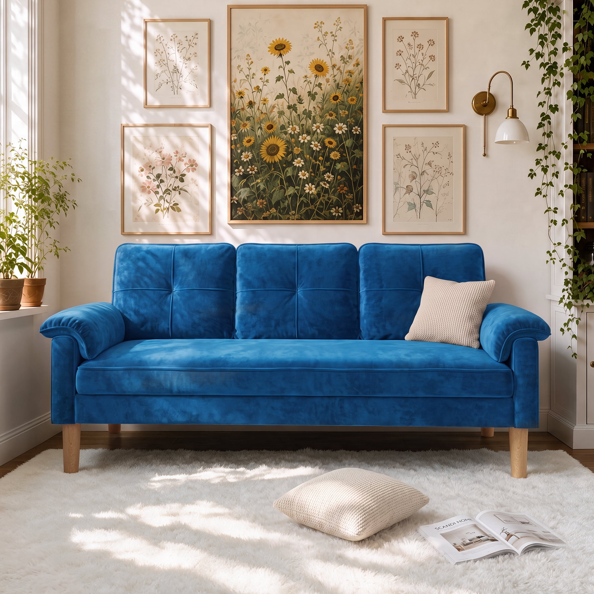 70" Velvet Sofa Lofka Modern Sofa for Living Rooms,Bedrooms and Offices Blue 3 Seat Couch