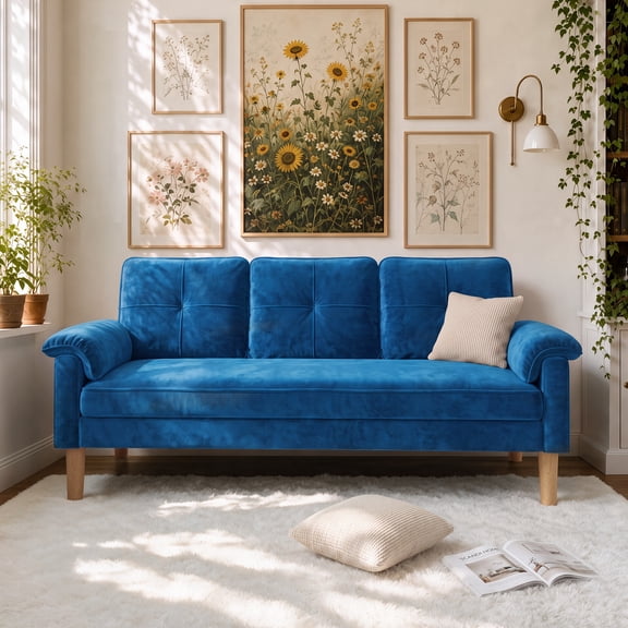 70" Velvet Sofa Lofka Modern Sofa for Living Rooms,Bedrooms and Offices Blue 3 Seat Couch