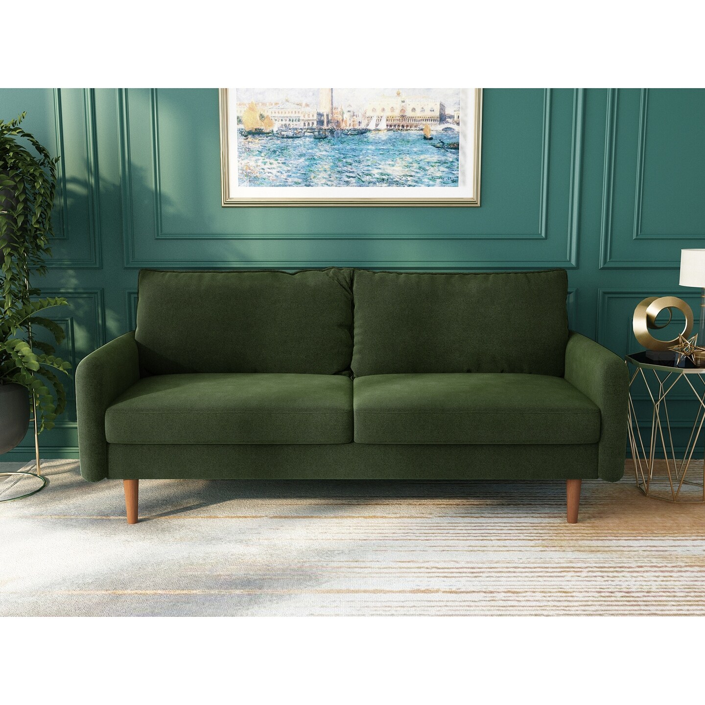 70''Velvet Square Arm Sofa Army Green
