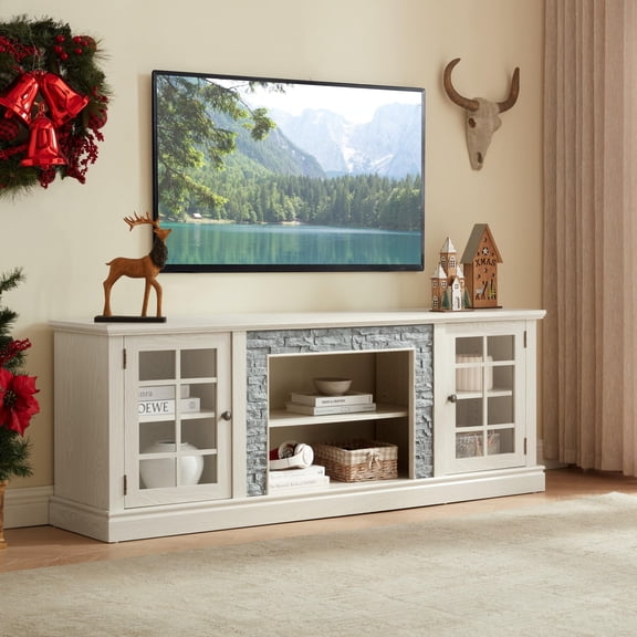 CKEASEAN 70" Modern TV Stand with Stacked Stone Design & Glass Doors, Entertainment Center for TVs up to 75 Inches