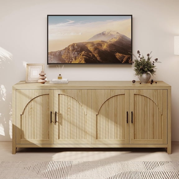 70"W Sideboard Buffet Cabinet with Storage, Mid Century Credenza Storage Cabinet, 4 Doors Reeded Sideboard, Adjustable Shelves, Wood Buffet Long Cabinet for Living Room, Entryway, Coastal Oak