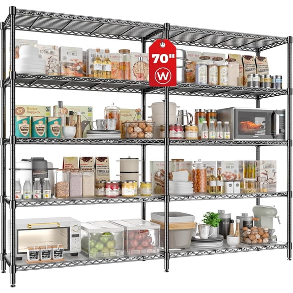 70" W Storage Shelves 1430 LBS Heavy Duty Wire Shelving, 5 Tier Adjustable Metal Garage Shelving, Pantry Kitchen Storage Rack with Liners, DIY L-Shaped Corner Shelf, 70" W x 16" D x 72" H