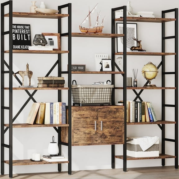 70"W x 70"H 5 Tiers Etagere Bookcase with Storage Cabinet, 3-Column Bookshelf with 14 Open Shelves for Living Room Bedroom Home Office Brown