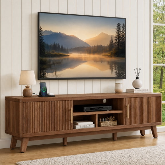 Seetech Wooden TV Stand for TVs up to 80", Modern Entertainment Center with Power Outlet and 2 Storage Cabinets, Walnut