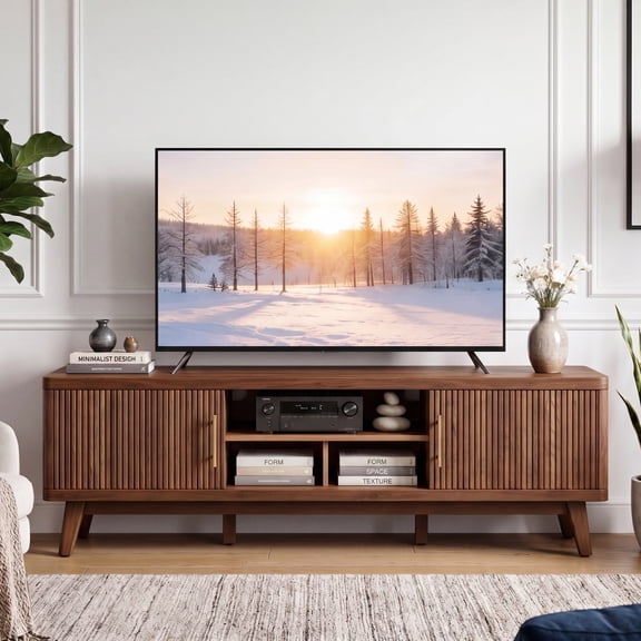 Wooden TV Stand for TVs up to 80", Modern Entertainment Center with Power Outlet and 2 Storage Cabinets, Walnut