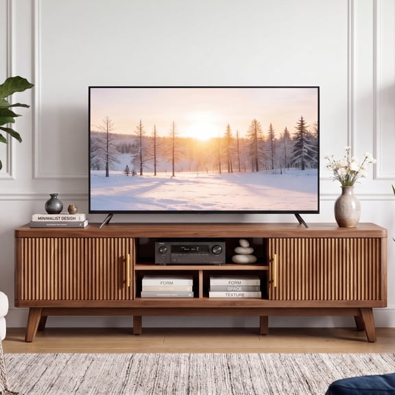Seetech Wooden TV Stand for TVs up to 80", Modern Entertainment Center with Power Outlet and 2 Storage Cabinets, Walnut