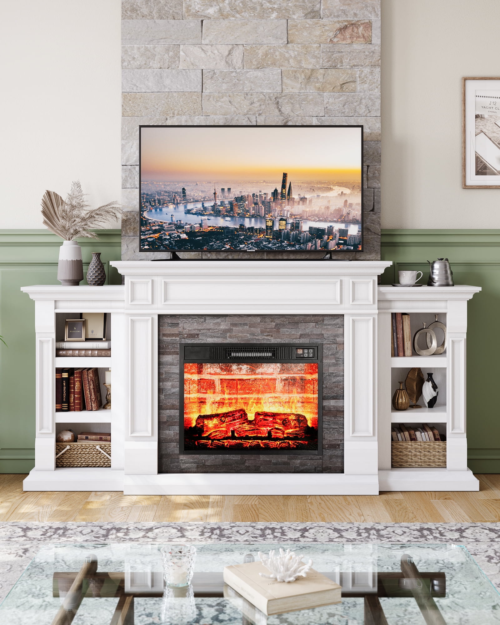 70 White Fireplace Mantel with 23 Electric Fireplace and Bookshelves Wooden Storage Freestanding Heater with Remote Control