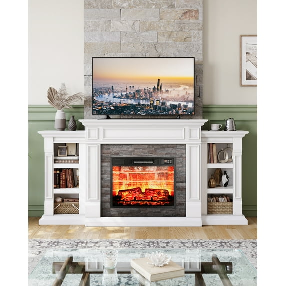 70" White Fireplace Mantel with 23" Electric Fireplace and Bookshelves, Wooden Storage Freestanding Heater with Remote Control