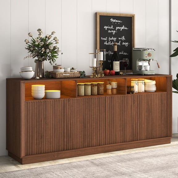 70" Wide Fluted Sideboard Buffet Cabinet with RGB LED Lights, Modern Wood Credenza with Adjustable Shelves, Power Outlet, Wood Credenza Storage Cabinet for Kitchen Dining Room