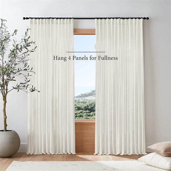 70 in Width for 72 Inch Window,Pleated Back Tab Linen Semi Sheer Full Length Curtains for Living Room Sliding Glass Door 2 Panel Set,72x90,70x90,6FT x 90 Inches Long,Cream