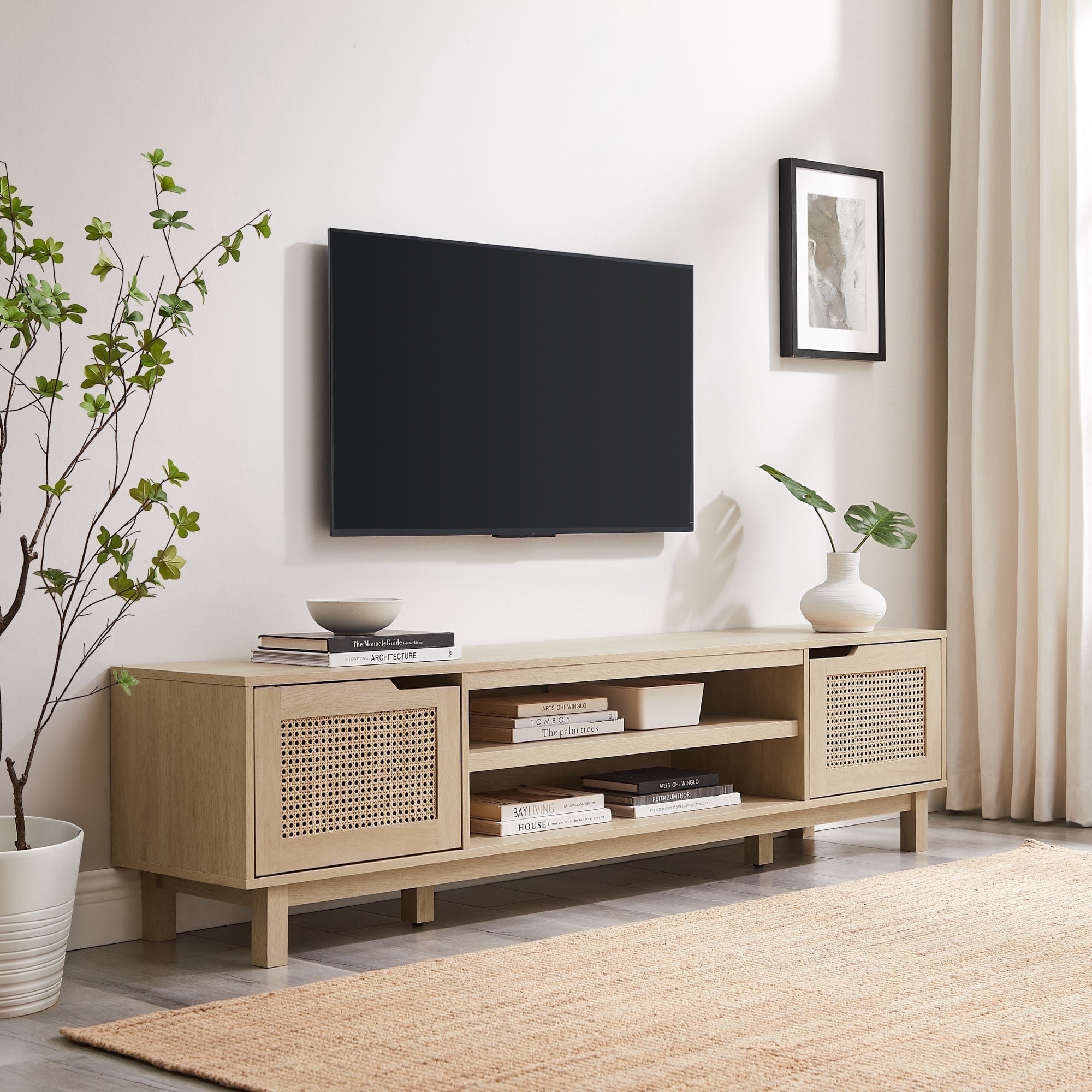 Walker Edison Boho 2-Door Rattan TV Stand for TVs up to 80”, Coastal Oak