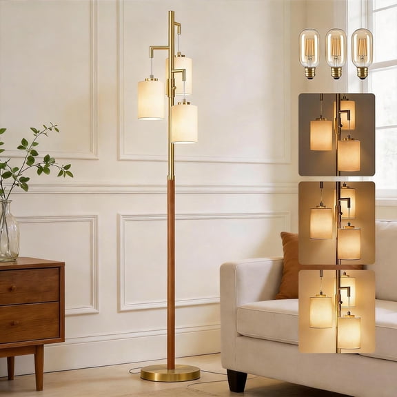 Wood Floor Lamp Dimmable Floor Lamps for Living Room Bedroom Mid Century Modern Floor Lamp Gold Standing Lamp Tall Lamps for Office Nursery Reading Elegant Stand Up Lamp, 3 Bulbs Included