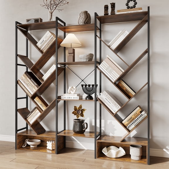 70"X70" Triple Column 6 Tier Bookshelf,Industrial Large Wooden Bookcase Display Shelves with Cabinet for Living Room/Bedroom/Home Office,Modern Tree Bookshelf