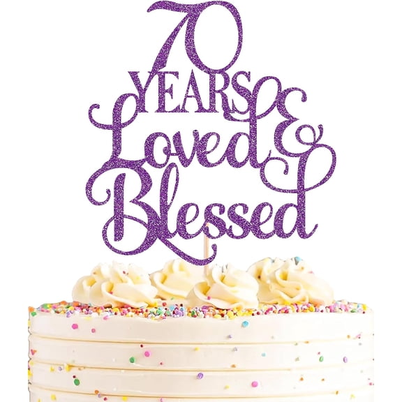 70 Years Loved & Blessed Cake Topper, Purple Glitter Script Cake Pick for 70th Milestone Birthday Party Cake Decorations, 1 Count