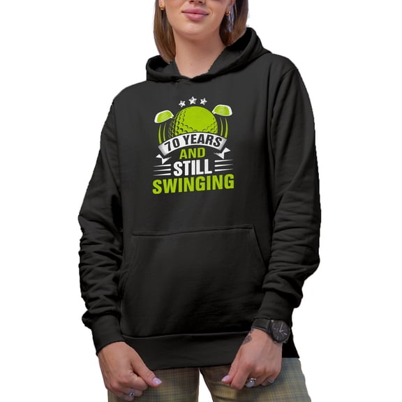 70 Years and Still Swinging, Grandpa or Grandma Golf Player, Golfing or Golfer Themed Merch Gift, Black Hooded Sweatshirt or Hoodie, Small