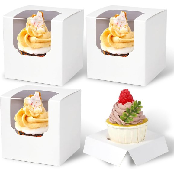70 count Cupcake Boxes, 3.5inches Auto-Pop up Single Individual Pre-Assembled White Cake Boxes with Window and Inserts Single Cupcake Containers for Birthdays, Wedding(White/70Pcs)