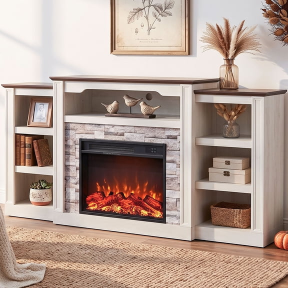 70 in Farmhouse Electric Fireplace with Mantel, Side Bookcases,23 in Insert, 1500W Heater, Remote Control, White