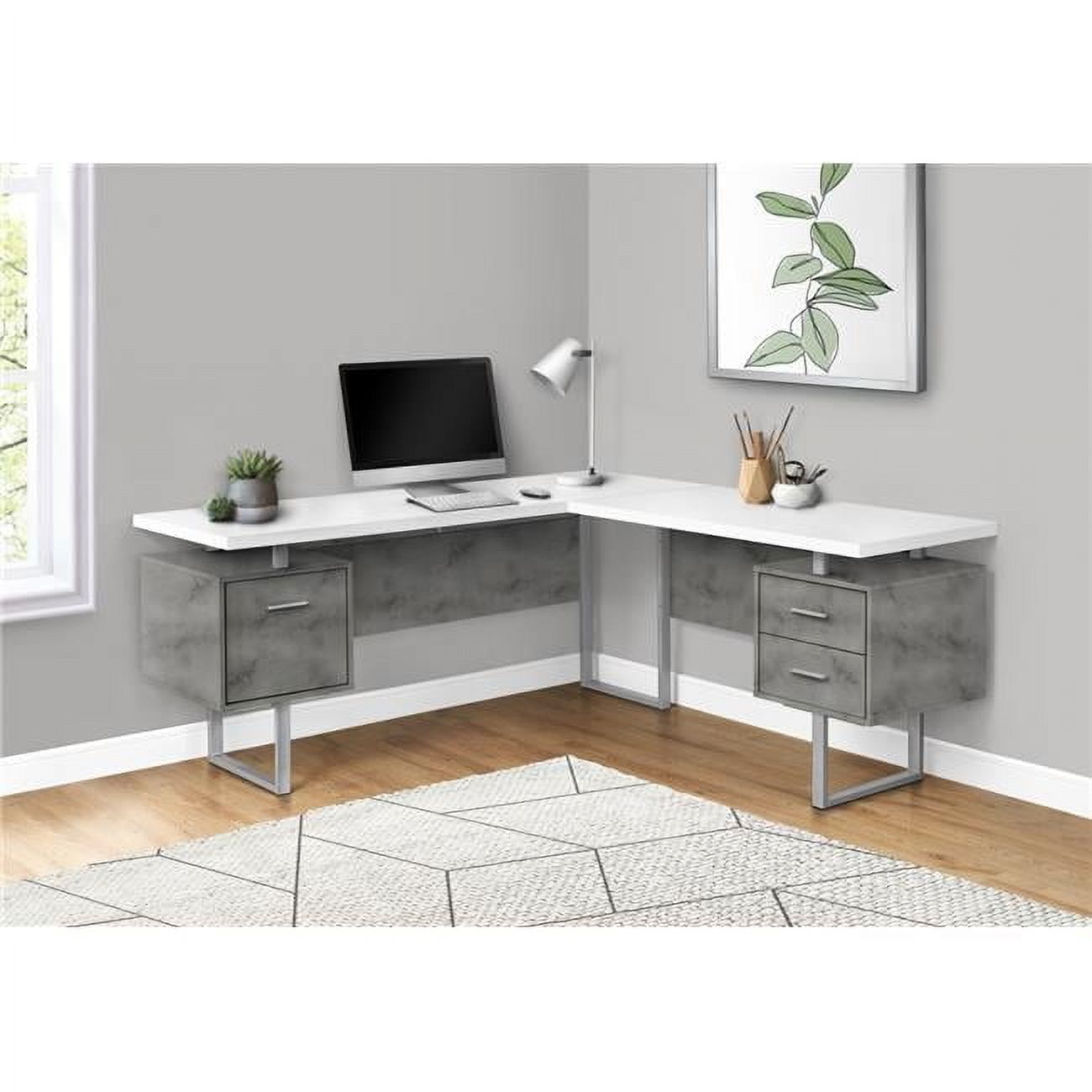 Waltmart Desk Computer In Store 70 in. Left & Right Metal Computer Desk, White Concrete - Silver ...