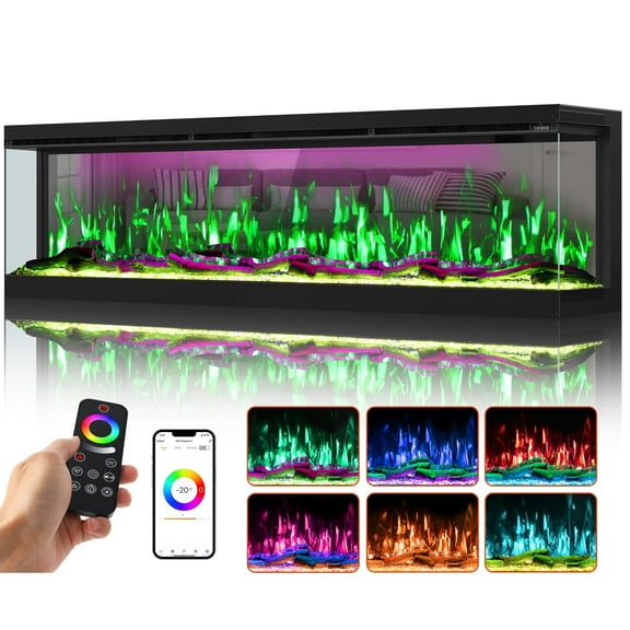 OSEYM 3 Sided 3D Mirrored Electric Fireplace, 70 Inch Smart Built-in Linear Fire Place Heater with 251RGB Realistic Flames, APP & Remote Control, 1500/750W, Cracking Sound, Crystal & Log