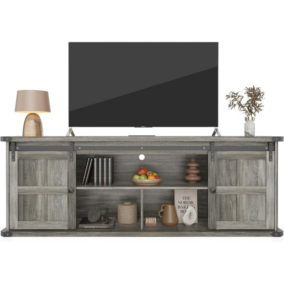 70 inch Farmhouse TV Stand with Sliding Barn Doors, Media Entertainment Center with Power Outlets and Adjustable Shelves for 80/75/70 inch TVs,Dark gray