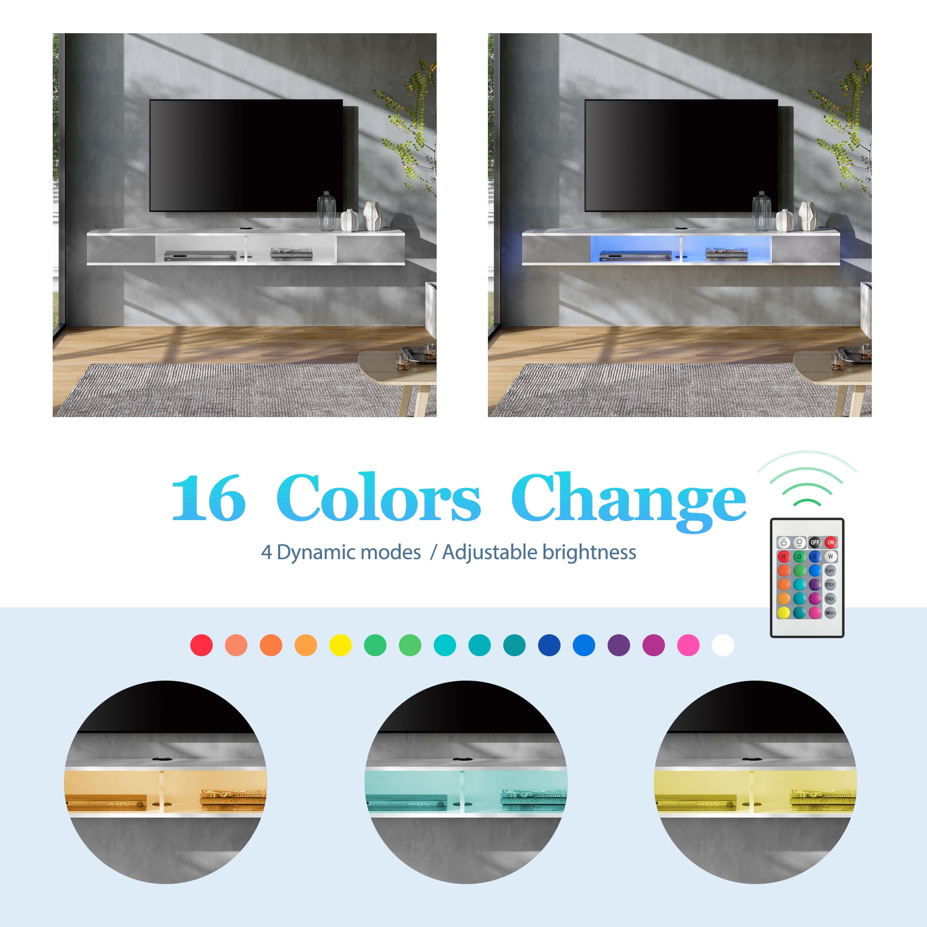 70 inch Floating TV Stand for Wall Mounted with 16-Color Lights, Floating Entertainment Center TV Cabinet for Living Room,Grey&White
