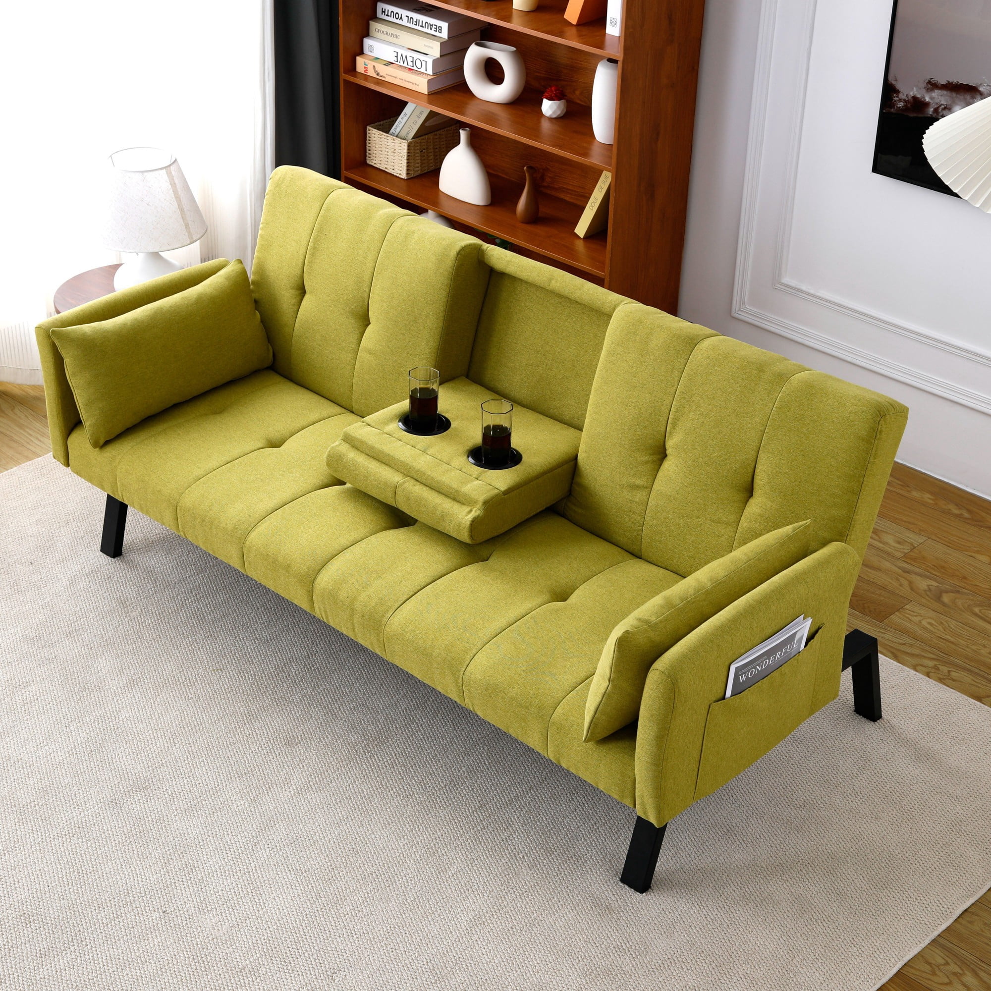 70 inch Futon Sofa Bed Cotton Linen Sofa Couch Convertible Folding Recliner with 2 Cup Holders,Side Storage for Living Room,Green