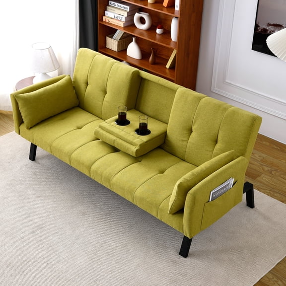 70-inch Multi-functional Cotton-Linen Sofa Bed, Foldable, Cup Holder, Side Storage