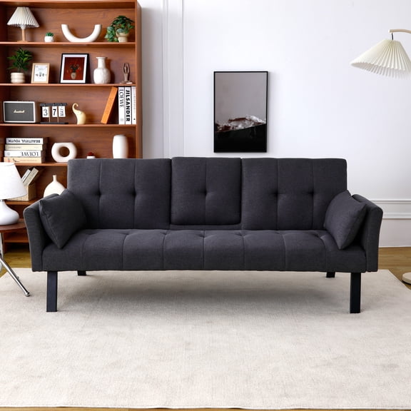 70-inch Multi-functional Cotton-Linen Sofa Bed, Foldable, Cup Holder, Side Storage