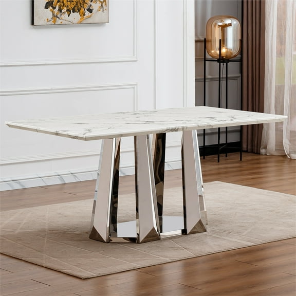 70 inch Rectangle Faux Marble Dining Table for 6 People, Scratch Resistant Top with Mirrored Stainless Steel Base, Modern Kitchen Table Silver White