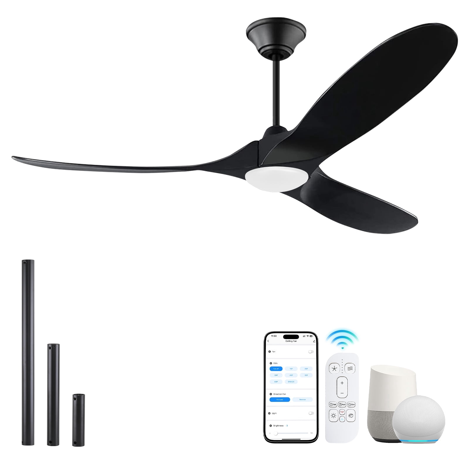 70 inch Smart APP Remote Control Ceiling Fan with Light, Large Modern Black Outdoor Ceiling Fan