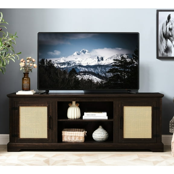 70-inch Tv Console Table In With 2 Natural Door Cabinets And Storage Shelves, 65"w*15.35"d*23.59"h Stand Doors Dimensions, Fits 70" Tvs
