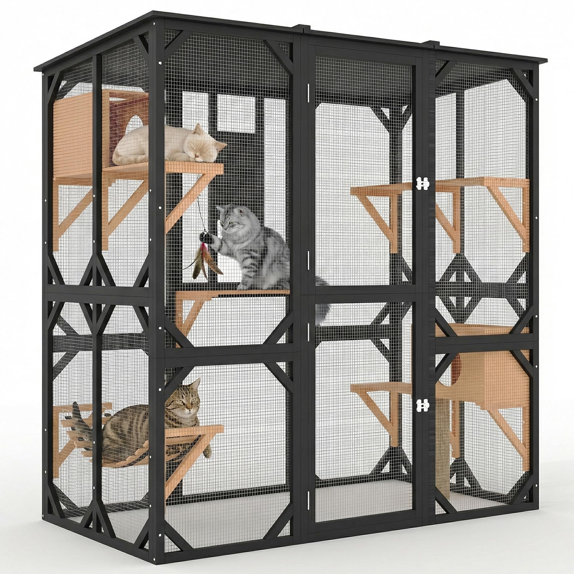 70 inch Walk-in Catio with Window Access, Extra Large Outdoor Cat Enclosure for Multiple Cats, Waterproof Roof Cattery with Bridge and Scratching Post Outside Cat Patio Playpen（ship in 2 boxes）
