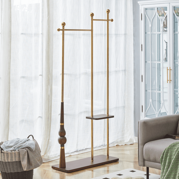 70 inch industrial windbreaker rack | High end solid wood&gold stainless steel double-layer hanging rack | Multi purpose retro clothing rack | Suitable for jackets, hats, handbags, shoes
