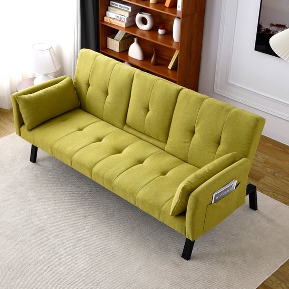 70-inch multi-functional cotton and linen sofa bed: foldable + cup holder + side storage, instantly switch between living room and bedroom