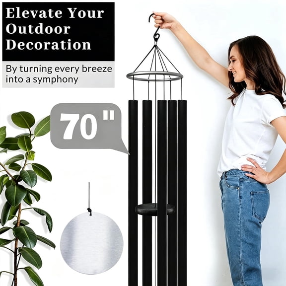 ANLTDTC 70-Inch Black Iron Wind Chimes, Oversized Outdoor, Deep Soothing Sounds, Hard Anode Tubes, Low Maintenance