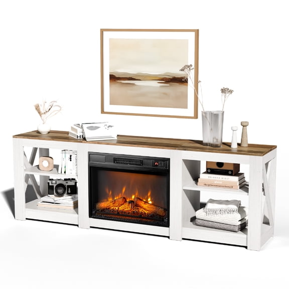 70-inch washable white cabinet + brown countertop double-sided cross-fireplace cabinet 177.8*34.5*60cm 23-inch fireplace core