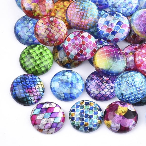 70 pc Flatback Glass Cabochons for DIY Projects Dome/Half Round with Fish Scale Pattern Mixed Color 12x4mm