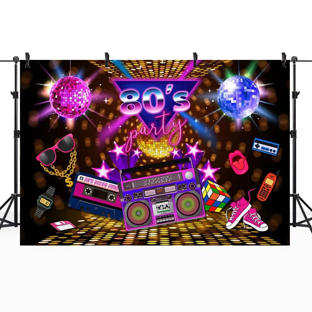 70's 80's Birthday Backdrop Disco Ball Retro Neon Lights Let's Dance