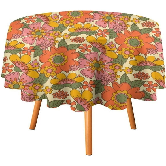 70''s Retro Floral Tablecloth Hippie Boho Daisy Birthday Party Decoration Plastic Table Cloth Washble Table Cover for Dinning Kitchen Farmhouse Party Decoration, 60"