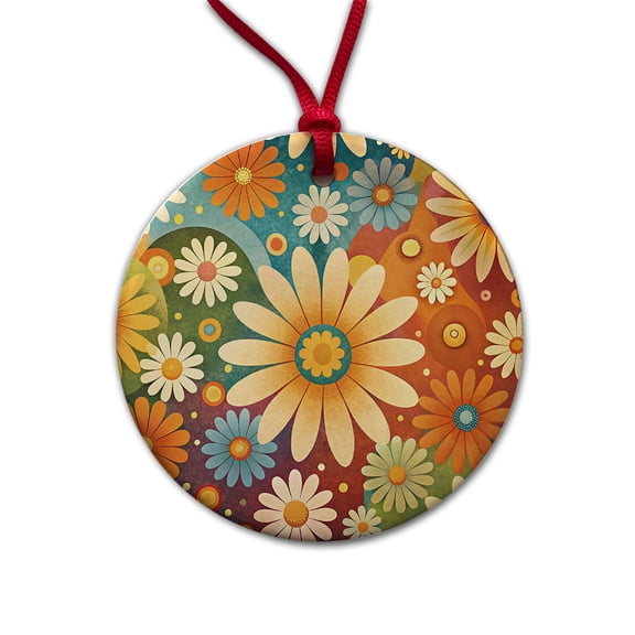70's Retro Groovy Hippie Daisies Floral Design Christmas Tree Holiday Round Ceramic Ornament