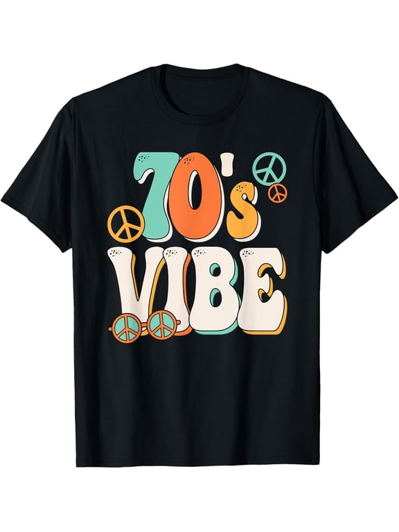 70's Vibe Costume 70s Party Outfit Groovy Hippie Peace Retro T-ShirtMen and women, Black T-shirt, size: Extra large