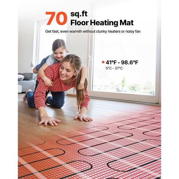 70 sqft Self-Adhesive Mesh Floor Heating Mat System, 120V Electric Radiant Heated Floor System, with Smart Control Thermostat & Alarm, Easy Installation for Tile, Stone, Vinyl