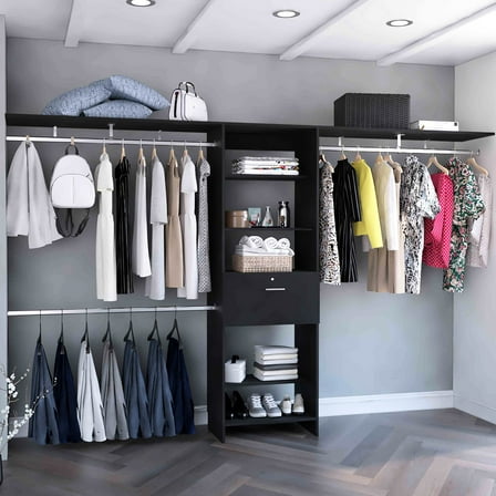 70"w - 118"w Closet With 1 Modern Drawer, 4 Hanging Rods, 5 Shelves In Black Drawers System: 118"w, 3
