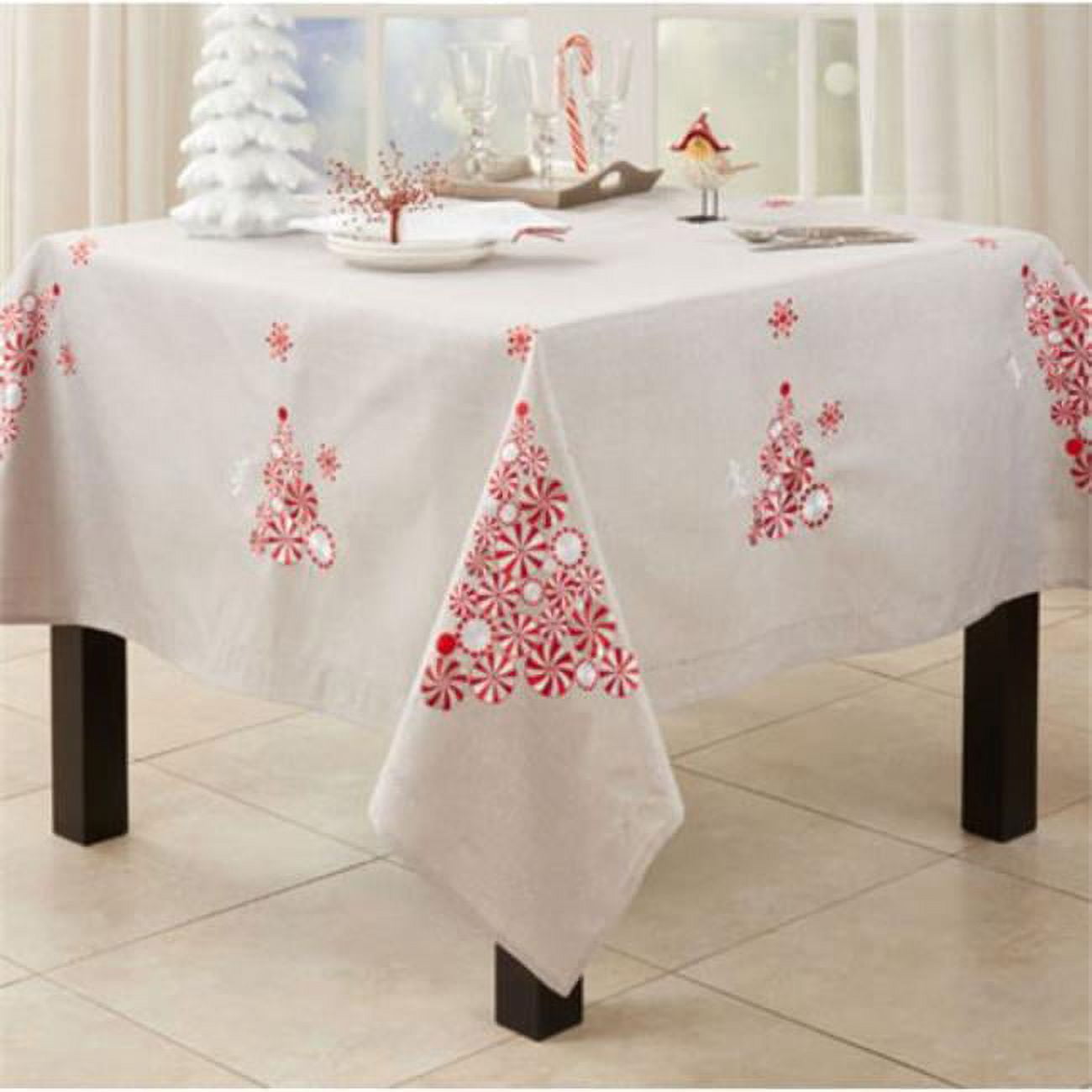 Silver Peppermint Christmas Tree Fabric Tablecloth