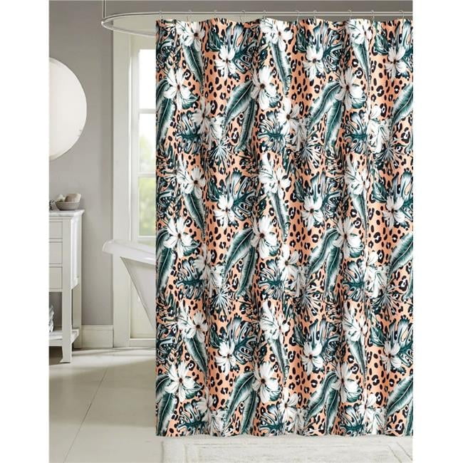 Tropical Fiesta Pink Leopard and Palm Print Fabric Shower Curtain