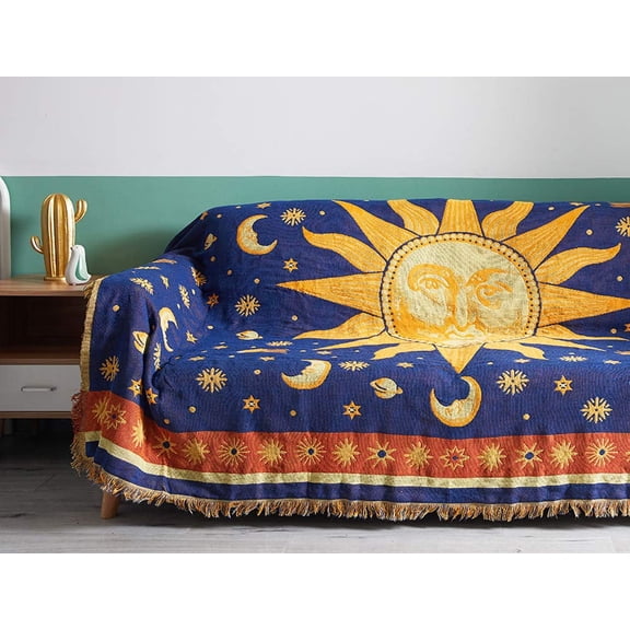 70" x 90" Sun and Moon Blanket Celestial Couch Sheet Cover Witchy Hippy Home Decoration, Double Sided Cotton Woven Hippie Throws Wicca Blankets for Couch Bed Recliner Decor - Yellow/Blue