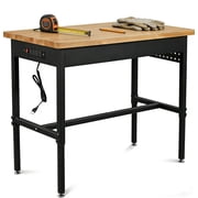 70x22 Adjustable Workbench with Power Outlet, Heavy Duty 2500LBS Load Capacity, Solid Hardwood Top Work Table, 6-Level Height Adjustable, with Wheels for Garage, Workshop Bench